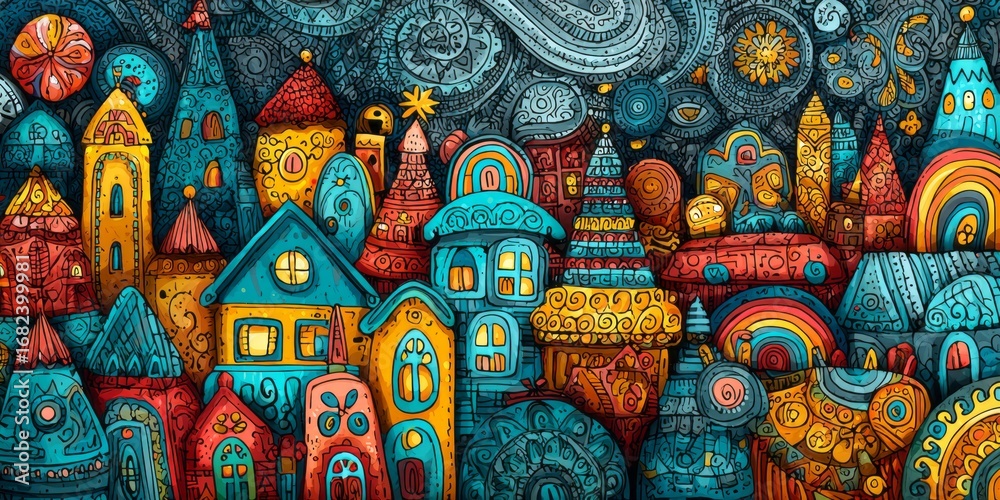 Fototapeta premium A vibrant, whimsical cityscape with detailed, ornate buildings in a riot of colours, against a backdrop of intricate patterns and shapes.