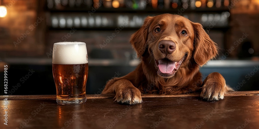 A dog enjoying a beer at a bar often used for humorou. Canine relishing ale at tavern frequent subject for comic portrayal amusing scene comical joke parody wit entertainment fun