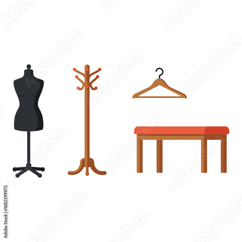 Vector art of a mannequin, coat rack, and bench for a clothing store