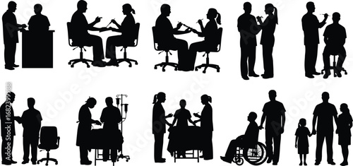 Doctor and patient silhouette, medical consultation, healthcare discussion, nurse with patient, hospital examination, treatment support, family health care vector illustration