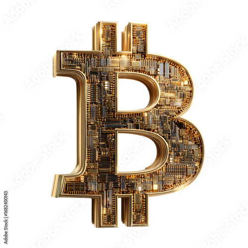 A detailed golden bitcoin symbol with intricate circuit board patterns on black backdrop isolated on transparent background