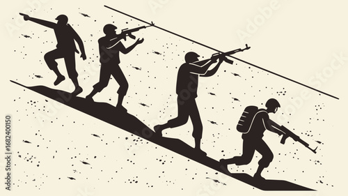 Silhouetted soldiers advancing under fire