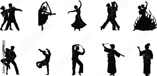 Dance silhouette collection, ballet, tango, flamenco, breakdance, traditional Japanese dance, couple dance, artistic poses, cultural performance, black vector