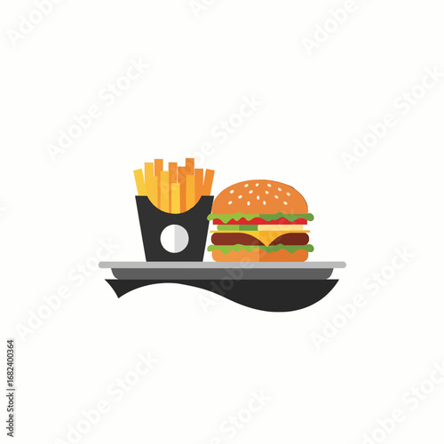 Burger and fries combo on tray  Minimal Flat Vector Illustration for restaurant, menu, food delivery, templates, and brandless design