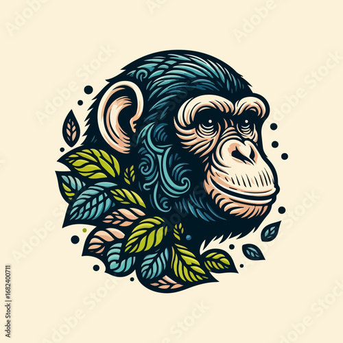 Detailed illustration of a chimpanzee head with leaves.