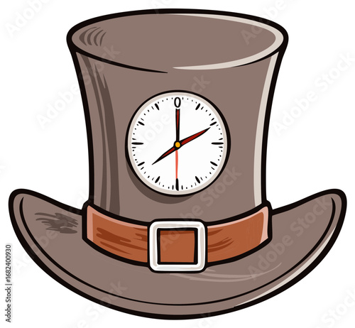 Whimsical Fantasy Top Hat with a Prominent Clock Face Illustration Representing Time