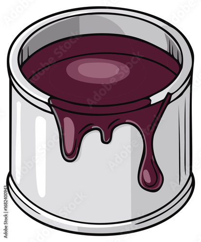 Vector illustration of an open metal paint can with messy purple paint dripping down the side