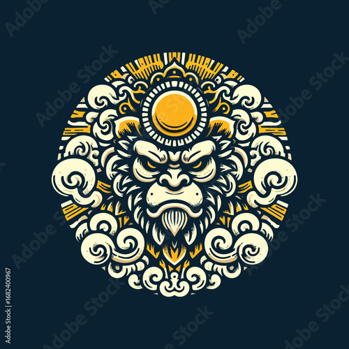 Detailed illustration of a gorilla face surrounded by clouds and sun.