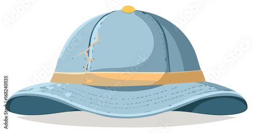 Illustration of a Vintage Light Blue Pith Helmet Safari Hat with Tan Band and Yellow Button