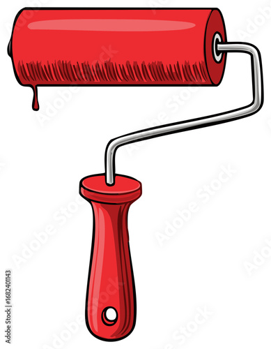 Paint roller loaded with red color. Decorating tool for painting, home renovation and construction equipment cartoon