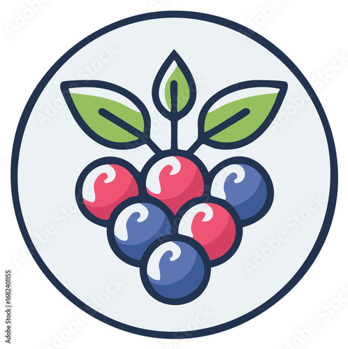 Fruit cluster inside circle illustration with leaves, vibrant red and blue berry design