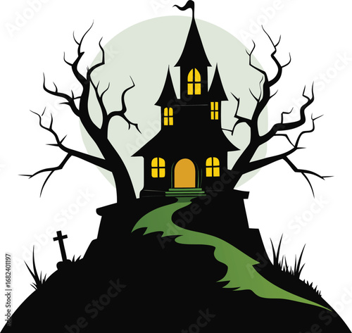 Haunted house on hill with crooked trees design