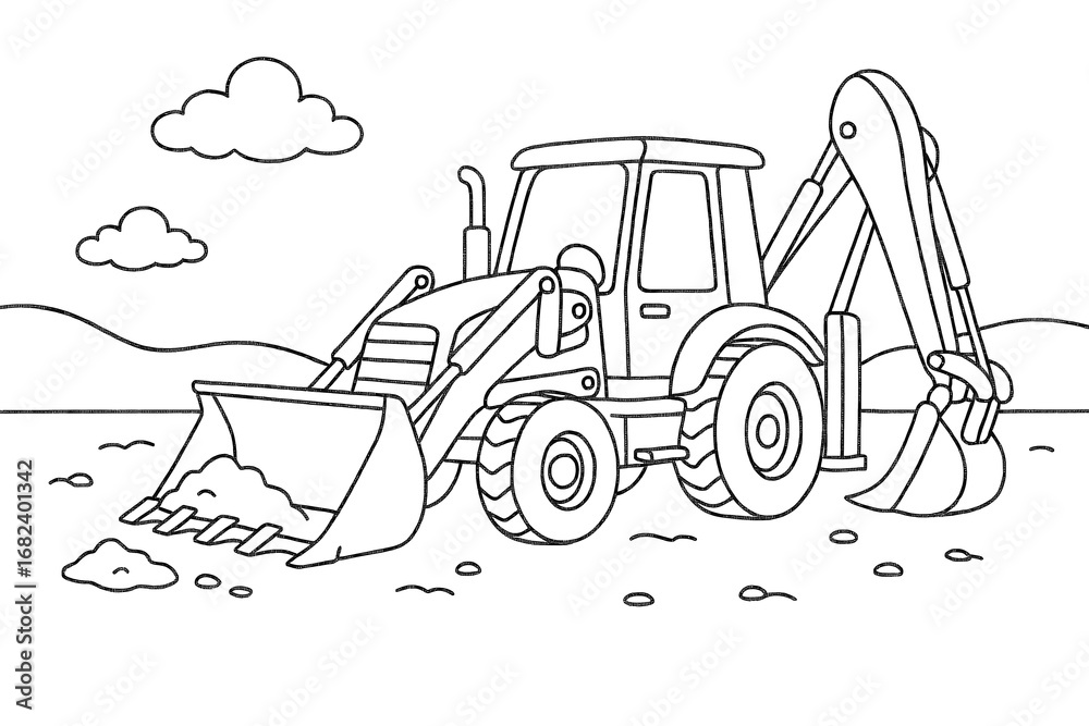 Naklejka premium Backhoe loader moving soil at construction site line art illustration. Fun coloring page