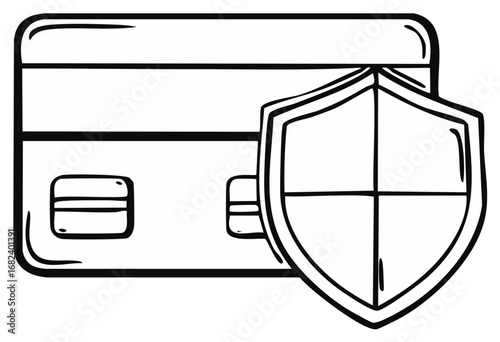 Secured Payment Card with Shield, Digital Security Icon in Simple Outline