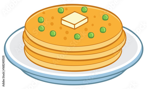 Stack of pancakes with butter and topping served on a round plate, cartoon food illustration