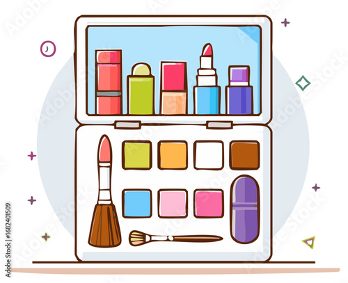 Cosmetics Palette Illustration Featuring Eye Shadows Lipsticks and Makeup Brushes For Beauty and Glamour