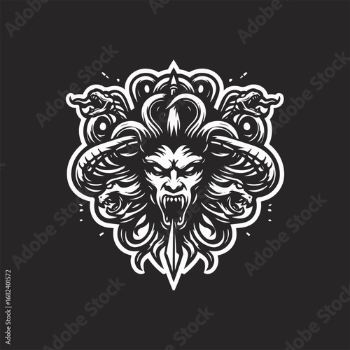 Detailed illustration of a demonic face with horns and fangs, a symbol of evil.