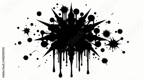 Abstract black ink splatter with dripping effect and scattered dots