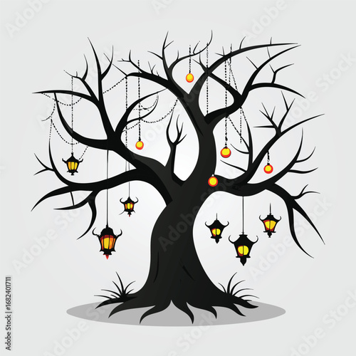 Haunted tree with lanterns and spider webs