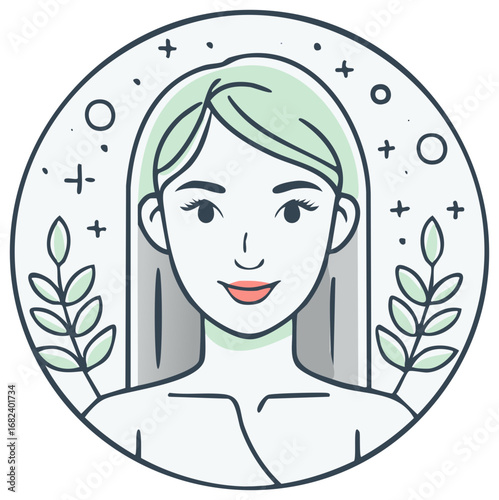 Woman with long hair encircled by plants and stars vector icon style illustration