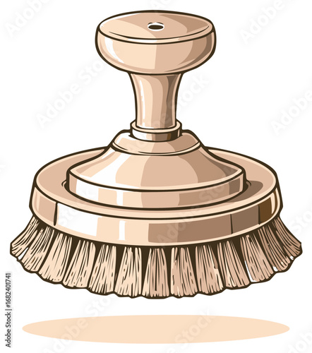 Vintage style round cleaning brush with tan handle and bristles, housecleaning tool
