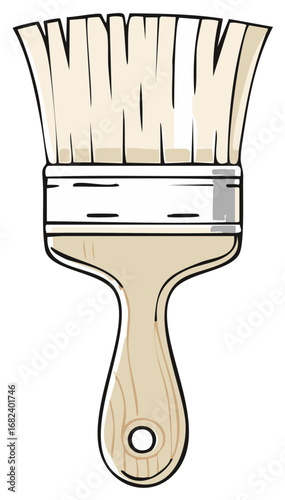 Illustration of a wooden handled paint brush with beige bristles and black outline