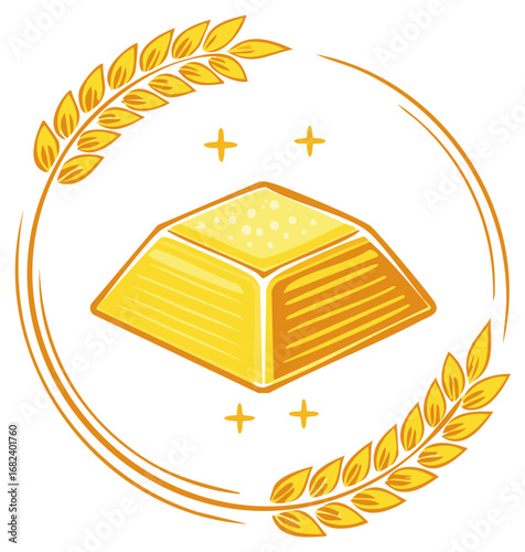 Stylized Gold Bar Icon with Wheat Circle Frame and Sparkle Accents