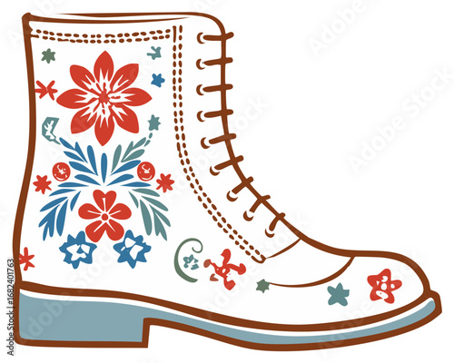 Illustrated boot with floral pattern, stylish shoe design, feminine fashion.