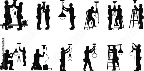 Electrician silhouettes installing ceiling light, lamp repair service, construction worker, electrical maintenance, black vector illustration, tools, industry, power installation, safety
