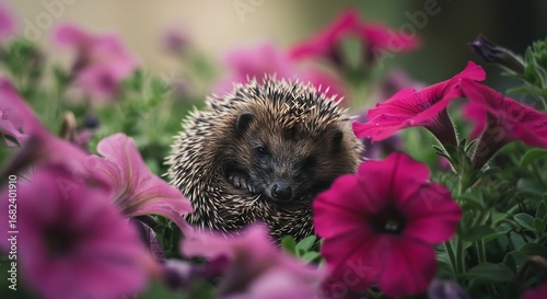 可愛いハリネズミ 優しい光の中で花に囲まれる. AI Generated