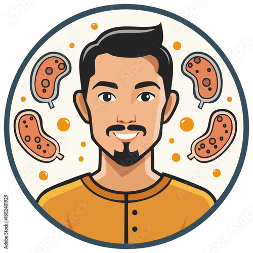 Modern Cartoon Man Illustration with Abstract Kidney Health Symbols and Dots