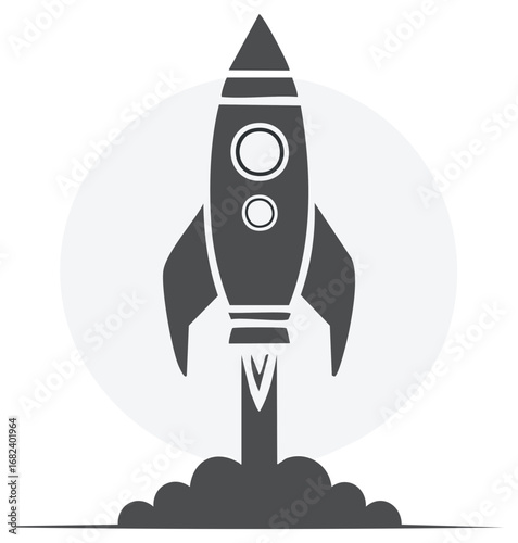 Rocket ship taking off in startup concept on neutral backdrop for business venture launch