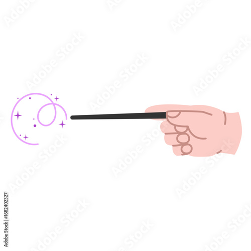 Hand holding magic wand. Witchcraft with sparkling, glowing spell. Illusionist tool, mystical symbol, magic attribute of a wizard
