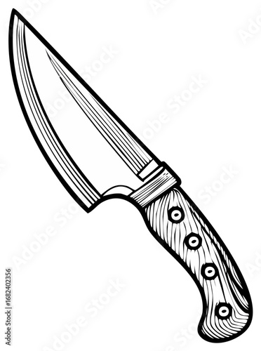 Drawing of a Wood Handled Knife with a Curved Blade for Outdoor Adventure