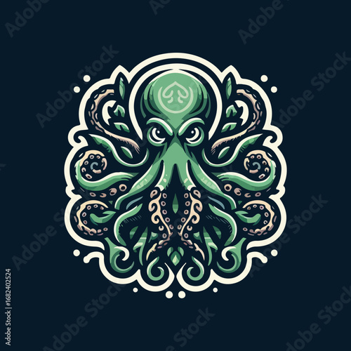 Detailed illustration of a green octopus on a dark background.