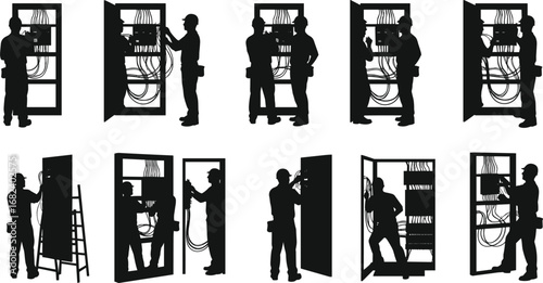Electrician silhouettes working, electrical panel wiring, repair maintenance, construction worker, power distribution box, black vector illustration, industry tools, installation service