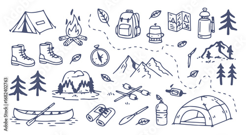 Doodle illustration of camping and hiking gear and scenery