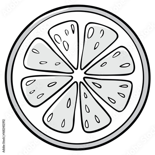 Stylized Black and White Citrus Fruit Slice with Seeds