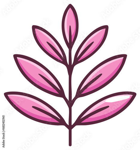 Stylized Pink Plant Stem with Leaves Decorative Botanical Element Illustration