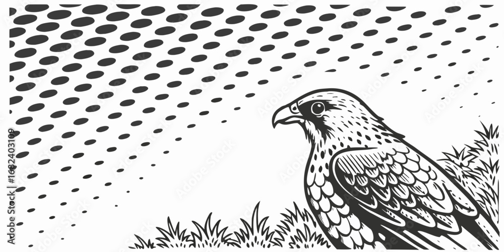 Fototapeta premium Stylized hawk in grass with halftone pattern background