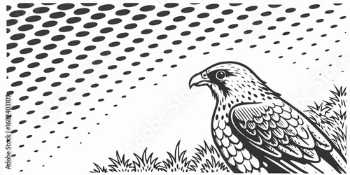 Stylized hawk in grass with halftone pattern background