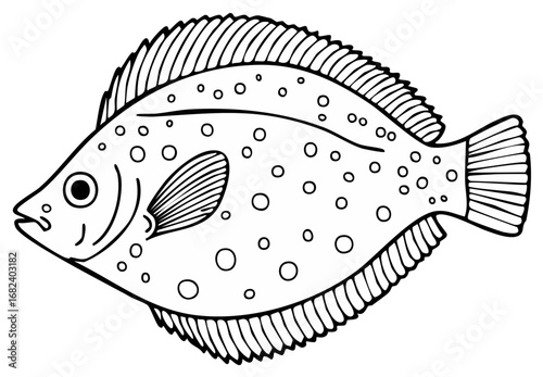 Line Art Drawing of a Flatfish with Spots, a Marine Creature