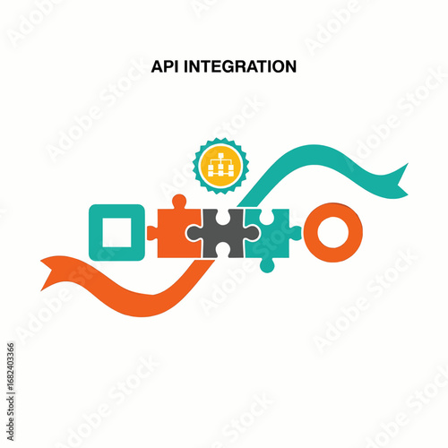 Api integration with puzzle connectors  Minimal Flat Vector Illustration for software development, IT support, apps, templates, and brandless design