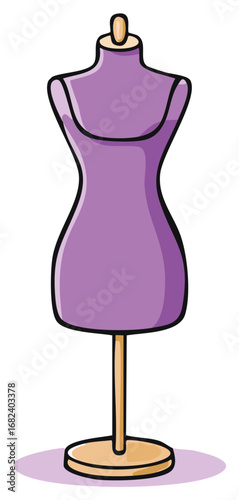 Purple cartoon sewing mannequin on a wooden stand for displaying clothing
