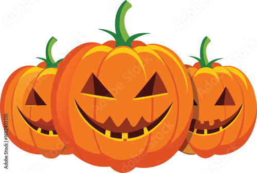 Jack o lanterns with mischievous grins in row