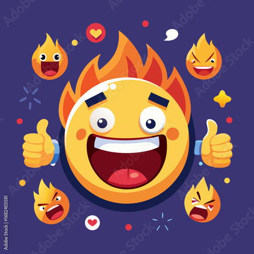 Vector illustration pack of expressive emojis: shocked face, laughing, crying, thumbs up, fire symbol.