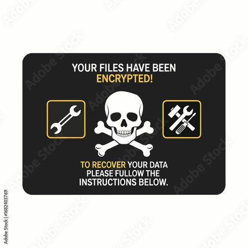Ransomware warning screen with skull crossed  Minimal Flat Vector Illustration for cybersecurity, privacy, data protection, templates, and brandless design