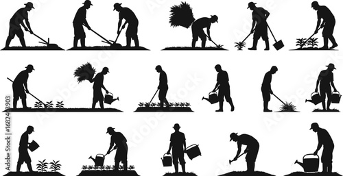 Farmer silhouette, agriculture worker, rural farming, watering plants, crop cultivation, harvest labor, soil digging, black vector illustration, gardening activity