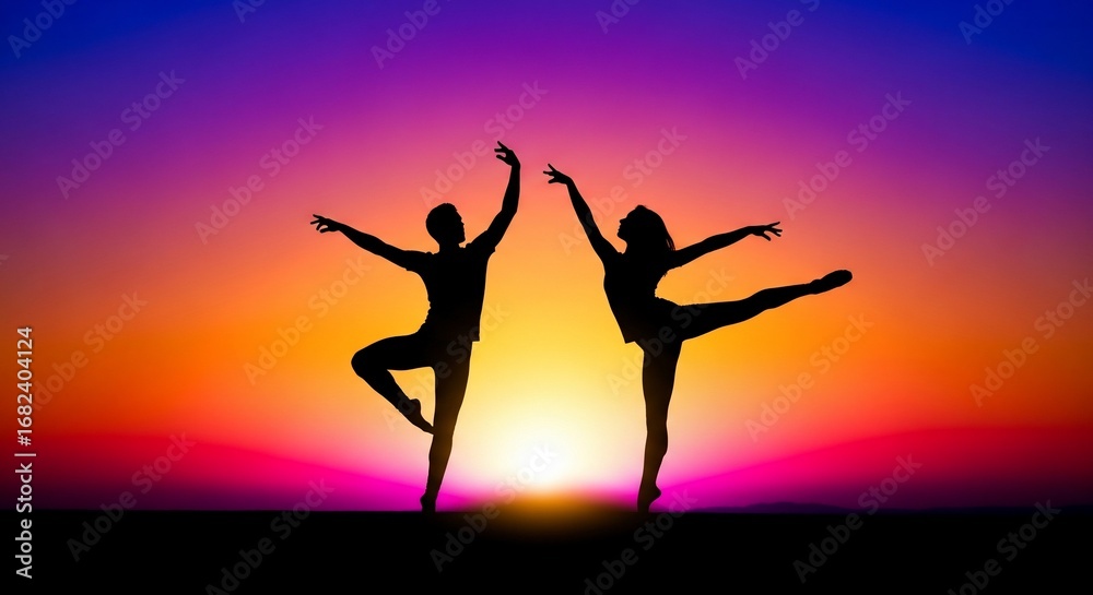 Naklejka premium Two silhouetted dancers gracefully performing ballet poses against a vibrant sunset sky with warm orange, pink, and purple hues.