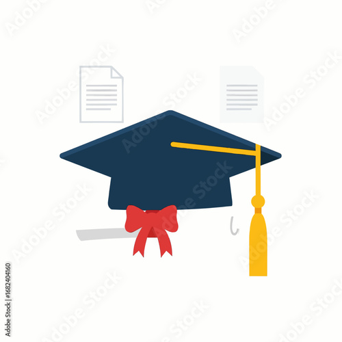 Graduation cap with diploma ribbon  Minimal Flat Vector Illustration for e-learning, online course, education technology, templates, and brandless design